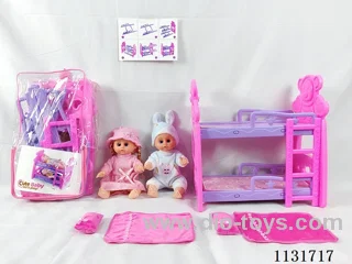 2 14" dolls with English IC, bunk beds, 2 pillows, 2 quilts
