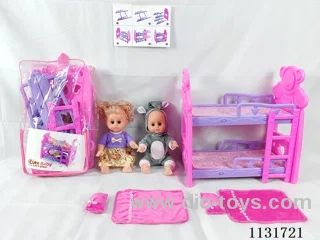 2 14" dolls with English IC, bunk beds, 2 pillows, 2 quilts