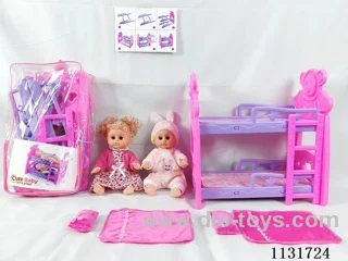 2 14" dolls with English IC, bunk beds, 2 pillows, 2 quilts