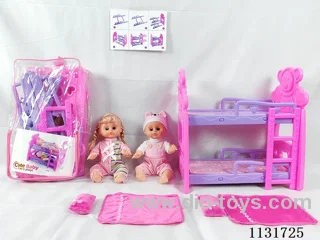 2 14" dolls with English IC, bunk beds, 2 pillows, 2 quilts