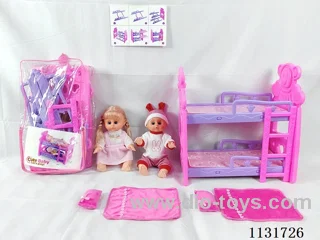 2 14" dolls with English IC, bunk beds, 2 pillows, 2 quilts