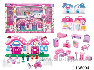 Battery operated villa with family of three, furnished enclosure (six lights, colourful, music)