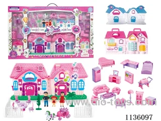 Battery operated villa with family of three, furnished enclosure (six lights, colourful, music)