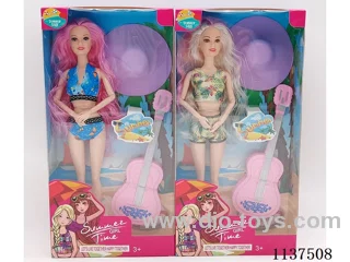 11.5" 9 joints solid long hair fashion swimsuit Barbie with hat + guitar 2 mixes