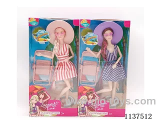 11.5" 11 joints solid long braid fashion swimsuit Barbie with hat + sunglasses + beach chair 2 mixes