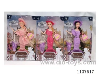 11.5" 9 joints solid long braided fishtail dress fashion Barbie with hat + bag + umbrella 3 models mixed