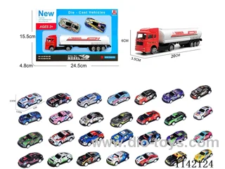 Red Alloy Tanker Carrying 2 Sports Cars (Pull Back)
