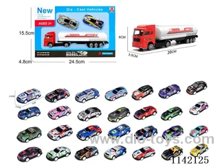 2 x red alloy tanker trucks carrying 2 sports cars (pull back)