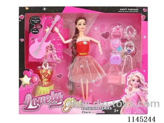 11.5 inch 30cm 9 joints solid body colour printing eyes long braid Barbie + guitar + clothes + blister accessories many mixed