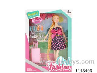 11.5’ 30cm 11 jointed solid colour eye Barbie + accessories + luggage