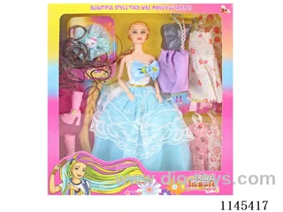 11.5’ 30cm 9 jointed solid colour print eye barbie + dress + shoes + hair accessories