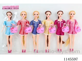 11.5’ 30cm 13 jointed solid 3D real eye Barbie + kt cat bag assorted mix
