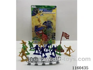 Military set (three colours 12 soldiers 5 cm high, flag. Flag base, barbed wire) (simulation of soldiers in combat military scene)