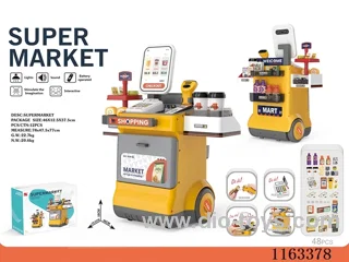 Supermarket shopping desk set + live scanner, card teller brush (2*AAA+2*AA not included)