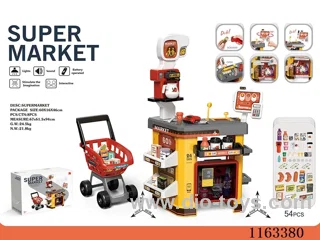 Luxury supermarket set + shopping cart + live scanner, cashier card reader, refrigerator spray (2*AAA+5*AA not included)