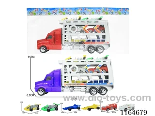 Painted inertia three deck trailer carrying 2 kart cars.2 racing cars 2 F4 equation cars