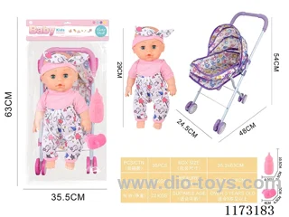 29CM iron trolley with: Baby doll with 4 sound IC Accessories: bottle + pacifier (3*AG13 included)
