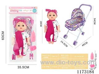 29CM iron trolley with: Baby doll with 4 sound IC Accessories: bottle + pacifier (3*AG13 included)