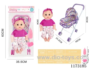 29CM iron trolley with: Baby doll with 4 sound IC Accessories: bottle + pacifier (3*AG13 included)