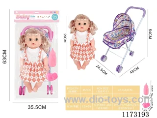 29CM iron trolley with: Baby doll with 4 sound IC Accessories: bottle + pacifier (3*AG13 included)