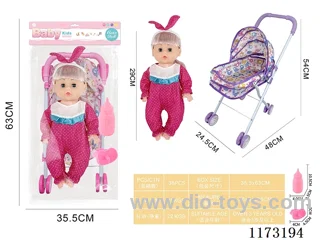 29CM iron trolley with: Baby doll with 4 sound IC Accessories: bottle + pacifier (3*AG13 included)