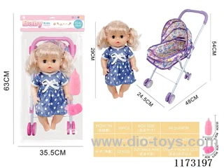 29CM iron trolley with: Baby doll with 4 sound IC Accessories: bottle + pacifier (3*AG13 included)