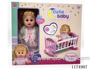 14 inch doll with eyes, drinking and peeing function, with 6 sound IC, bed, accessories, included 3*AG13 batteries