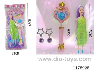 11 inch solid Barbie + musical magic wand + earrings
