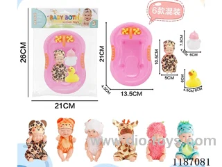 Six four-and-a-half-inch dolls with three accessories