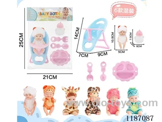 Six four-and-a-half inch dolls with five accessories