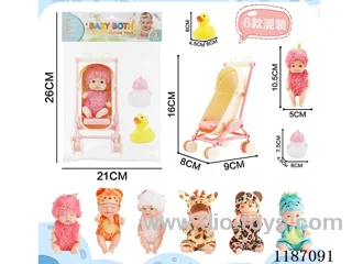 Six four-and-a-half-inch dolls with three accessories