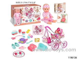 13-inch Fixed Eye Drinking Doll Stroller Set with IC