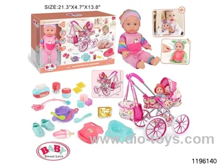 13-inch Fixed Eye Drinking Doll Stroller Set with IC