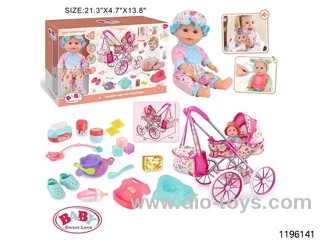 13-inch Fixed Eye Drinking Doll Stroller Set with IC