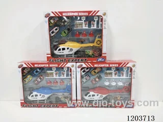 Solid Color Pull Line Police Helicopter + Tin Return Racing Car Set