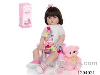 60cm soft plastic doll (wig cover) with bottle, magnetic pacifier, diaper, birth card, shoes, bear