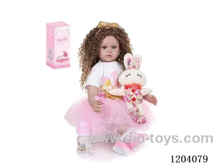 60cm soft plastic doll (wig cover) with bottle, magnetic pacifier, diaper, birth card, shoes, closed eyes rabbit