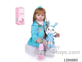 60cm soft plastic doll (wig cover) with bottle, magnetic pacifier, diaper, birth card, shoes, bunny
