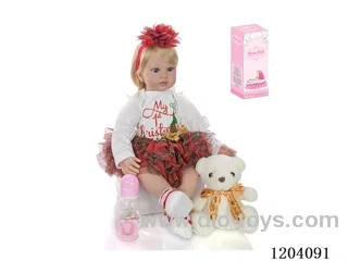 60cm soft plastic doll (wig cover) with bottle, magnetic pacifier, diaper, birth card, shoes, bear