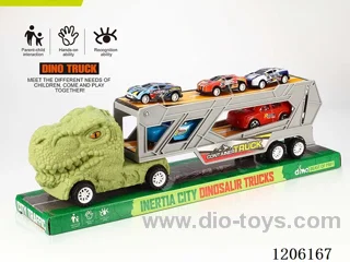 Inertia Dinosaur Trailer with two racing cars + three metal carts