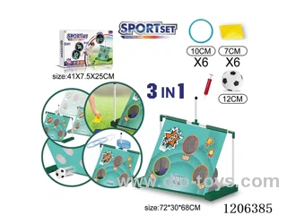 Mobile soccer goal + sandbag throwing + hoop 3 in 1