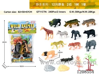 animal set-12 wild animals, 2 stones, 1 tree and 1 grass