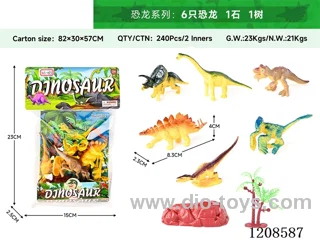 animal set-Six dinosaurs, one stone and one tree.
