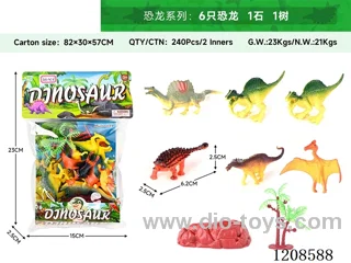 animal set-Six dinosaurs, one stone and one tree.