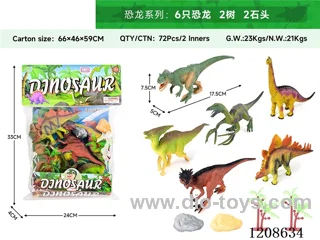 animal set-Six dinosaurs, two trees and two stones.