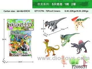 animal set-Five dinosaurs, one tree and two grasses.