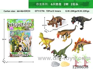 animal set-Six dinosaurs, two trees and two stones.