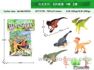 animal set-Five dinosaurs, one tree and two grasses.