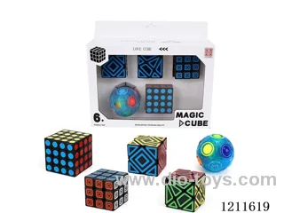 Skew turn (UV printing) +Transformers (UV printing) +3rd order Rubik's Cube (UV printing) +4th order Rubik's Cube (UV printing) +Transparent blue rainbow circle (with bearings)