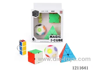 First Order Rubik's Cube with Keychain (UV printing) + Tilt & Turn Rubik's Cube (solid color) + White Rainbow Ball + Third Order Pyramid (solid color)
